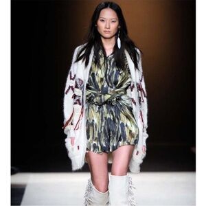 Isabel Marant Runway Oversized Lagenlook Boho Silk Feather Print Dress Sz- 1